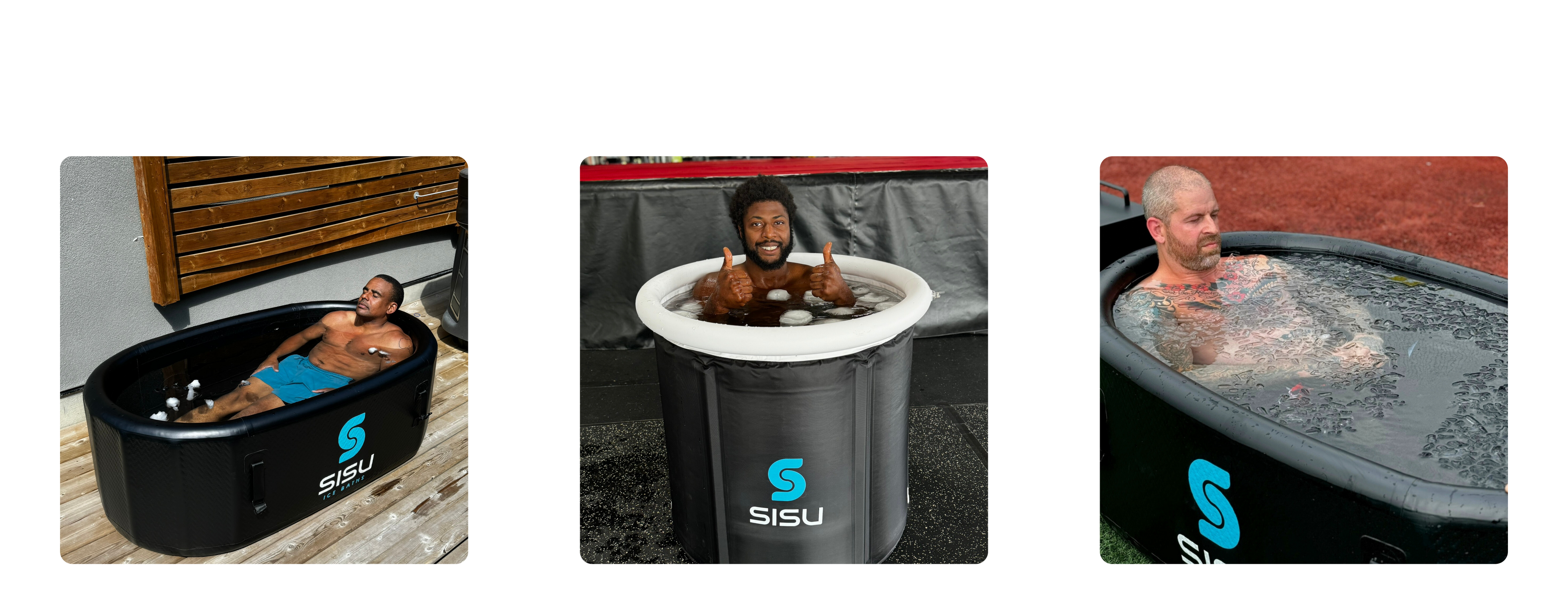 The men immerse themselves in the SISU Professional Cold Plunge Tubs for cold therapy.